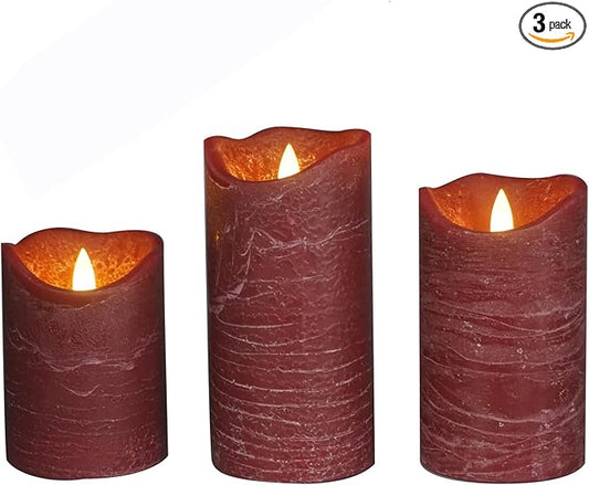 CANDLE CHOICE Battery Operated Flameless Candles with Timer Real Wax Realistic Flickering Electric LED Pillars Automatic Built-in Daily Cycle Timer 6-hour on 18-hour off 3 Pack Rustic Texture Burgundy