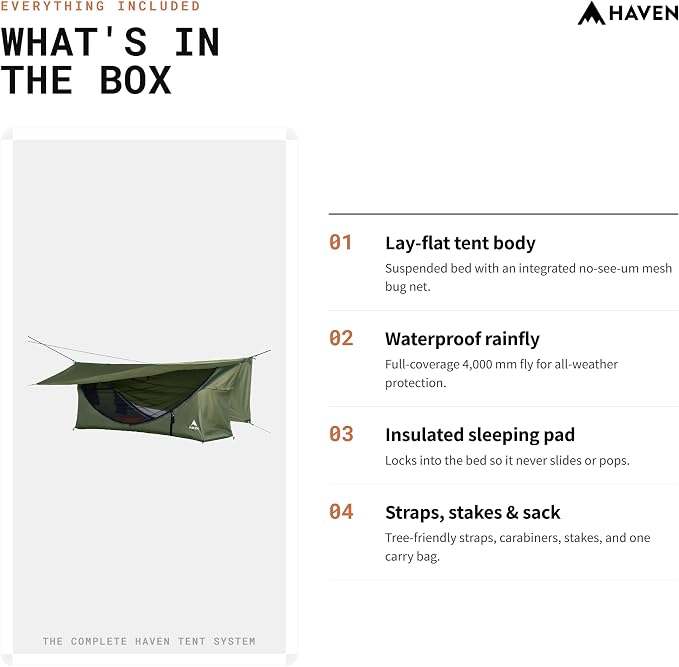 Haven Tents Lay Flat Hammock Tent - Waterproof Camping Hammock with Mosquito Net, Insulated Pad and Rainfly - Haven Tent, Haven XL, Haven Safari