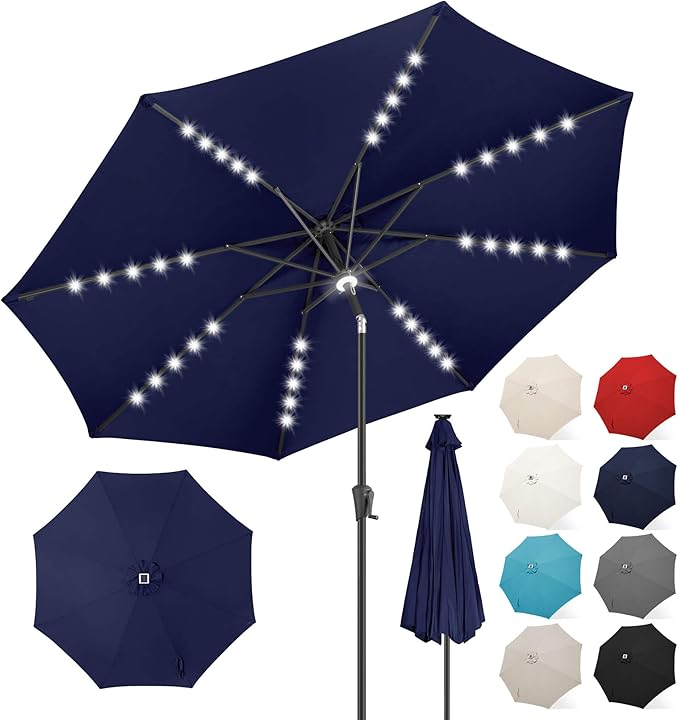 FLAME&SHADE 10 FT Solar Light Patio Umbrella, 40 LED lights outdoor umbrella with Centre Surround Light, Table Market Umbrella for Deck, Pool, Porch, Backyard, Garden, UV Protection, Navy Blue