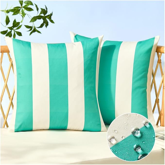 Allorry Outdoor Pillow Covers 16x16 Turquoise Striped Outdoor Decor JB07C16 | Striped Pillow Covers|for Spring Summer Outdoor Waterproof Garden Patio Furniture Sofa Bed Home Decor