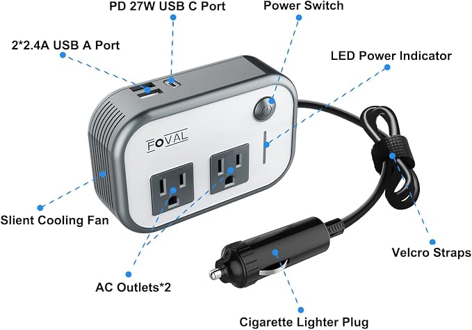 FOVAL 200W Car Power Inverter, DC 12V to 110V AC Car Laptop Charger Fast Charger Converter with [27W PD USB-C] & Dual USB Ports Multi-Protection Car Outlet Adapter Power Inverter for Vehicles
