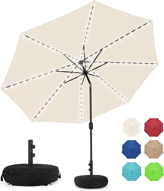 Sundale Outdoor Solar 104 LED 11 ft Patio Umbrella with Sand Bag Umbrella Base, Outdoor Umbrella with Tilt and Crank, Beige