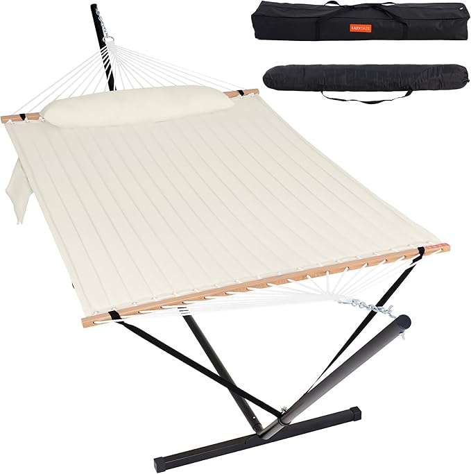 Lazy Daze Hammocks 2 Person Hammock with 12FT Stand for Outside, Quilted Double Hammock with Detachable Pillow, Balance Strap & Carrying Bag Included, 450lbs Capacity, Easy Tool-Free Assembly, Natural