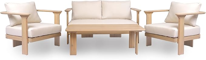 Christopher Knight Home Kera 4-Seater Patio Furniture Set with Removable Cushion, 4 Piece Outdoor Acacia Wood Conversation Set, Sold Wood Outdoor Sectional Sofa Set with Coffee Table, Brown+Beige