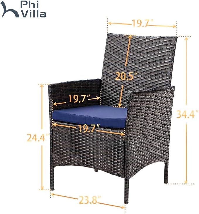 PHI VILLA Wicker Patio Dining Chairs Set of 4 with Removable Cushions | 4 Rattan dining chairs with thick removable seat cushions. Sturdy steel frame, easy assembly.