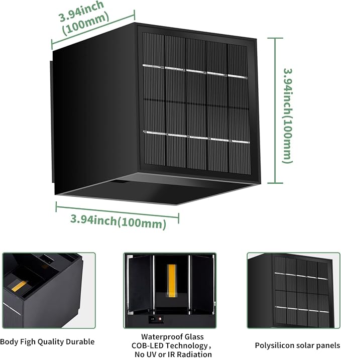 Solar Powered Motion Sensor Square Outdoor Wall Lights,Black Modern Up and Down Wall Lamps 10W,IP65 Waterproof Warm White 3000K Wall Sconce Light Exterior for Fence,Garden