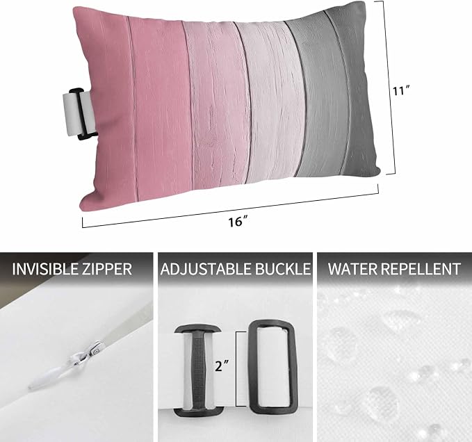 Pink Gray Ombre Outdoor Pillows for Chaise Lounge Chair Beach Headrest Pillow Set of 2 Waterproof Lumbar Pillows with Insert&Strap Vintage Country Wooden Recliner Neck Pillow for Patio Pool 11"x16"
