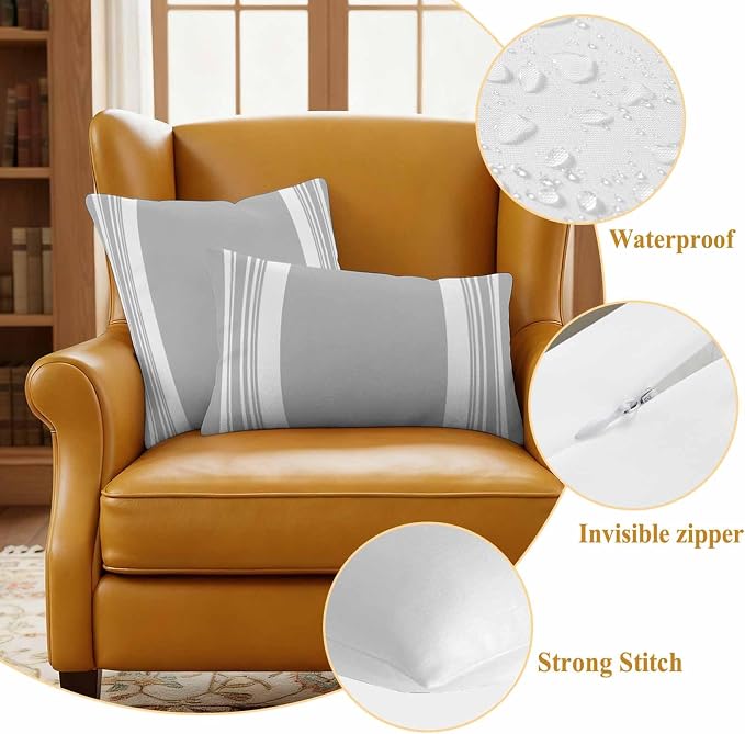 Farmhouse Grey Outdoor Waterproof Throw Pillow Covers 20x12 Set of 2, Aesthetic Modern Line Striped Decorative Pillowcases Cushion Pillowcase for Couch Sofa Patio Outside Pillow Protector