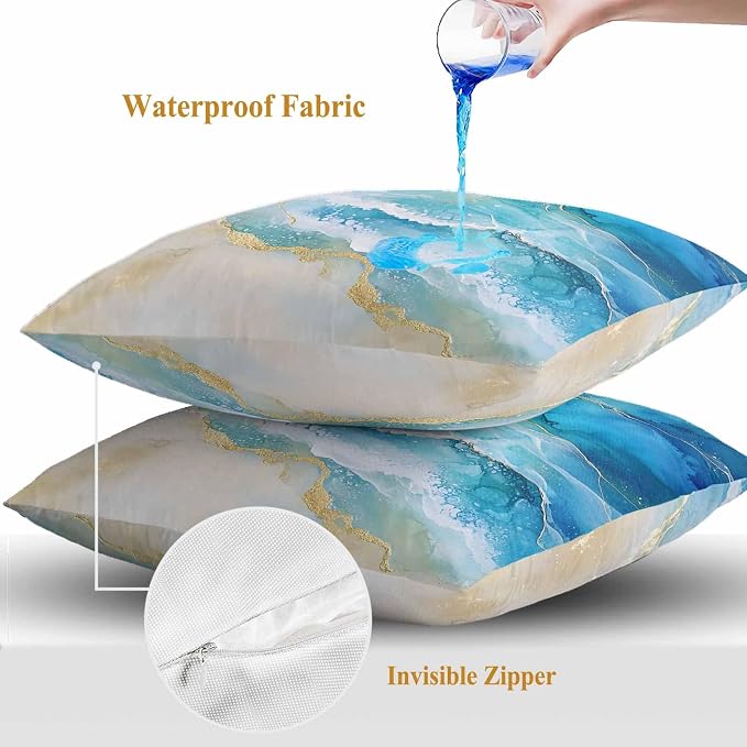 Abstract Waves Outdoor Waterproof Throw Pillow Covers Set of 2, 20"x20", Surrealism Spray Beach Ocean Watercolor Decorative Pillow Covers Outside Cushion Case for Patio Porch Garden