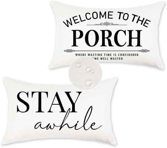 Welcome to Our Porch Stay Awhile Waterproof Outdoor Pillow Covers 12x20 Set of 2 Farmhouse Patio Furniture Decorations for Outside Garden Decor