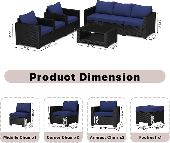7 Piece Outdoor Patio Furniture Set with Wicker Sectional Sofa, Ergonomic Armrests Couch, Cushions Included and 2-Tier Tempered Glass Coffee Table for Conversation Sets on Deck Backyard Porch
