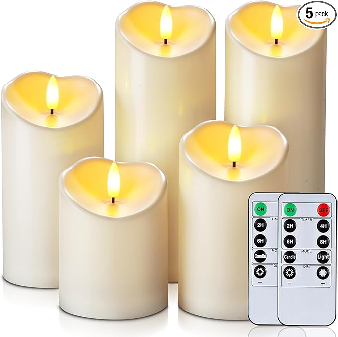 Homemory Outdoor Waterproof Flameless Candles, LED Candles, Battery Operated Candles with Remote and Timers, Electric Fake Plastic Pillar Candles, Ivory White, D3 H4 5" 6" 8" 8", Set of 5