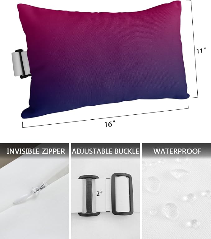 Outdoor Pillows Covers with Inserts Wine Red Purple Gradient Waterproof Recliner Pillow with Adjustable Strap Throw Pillows for Patio Furniture Pool Lounge Chair, 11x16 inch, 1PCS