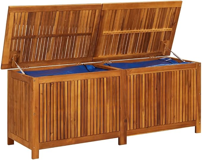 Outdoor Storage Box, 59 Inch Large Wooden Deck Box for Patio Cushions and Garden Tools, Solid Acacia Wood Storage Chest with Inner Bag for Backyard and Terrace, Brown