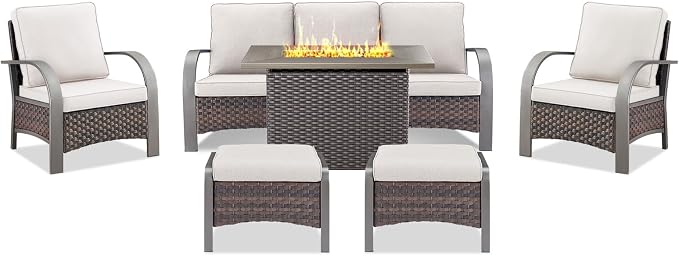 Belord 6 Pieces Patio Furniture Set with Fire Pit Table - 50000 BTU Propane Fire Pit, 2 Single Leisure Chairs, High Back Wicker Rattan Couch, Outdoor Conversation Set for Casual Gathering