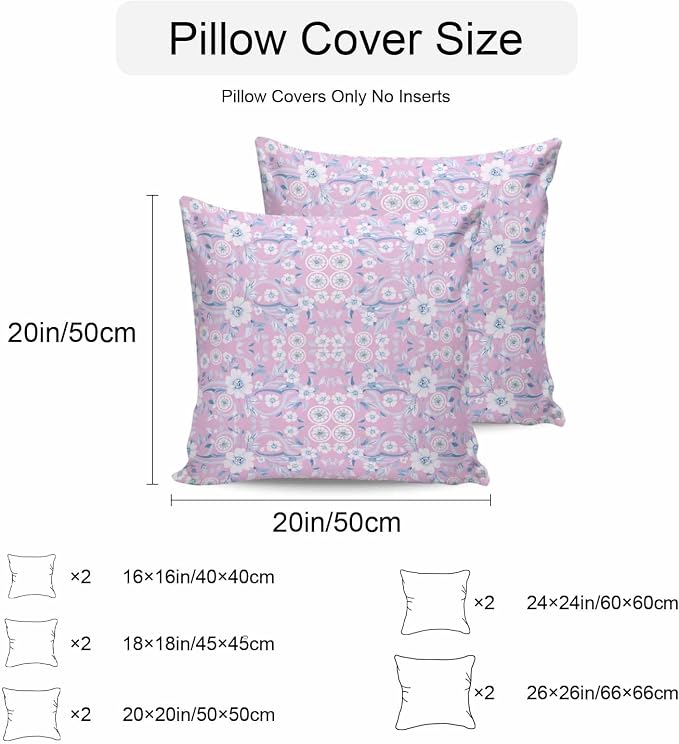 Pink Blue Floral Outdoor Pillow Covers 18x18 Inch Throw Pillow Covers Set of 2 Waterproof Decorative Pillow Cases Vintage Pastoral Botanical Leaves Cushion Covers for Patio Furniture Garden Couch Sofa