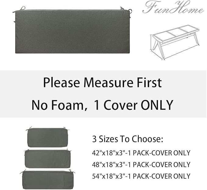 FUNHOME Outdoor Bench Cushion Cover 48 x18 x 3 inch,Water Resistant Cover with Zipper&Ties,Fade-Resistant Slipcover,Patio Porch Swing Cushion Cover Replacement Only,No Insert(Dark Gray)