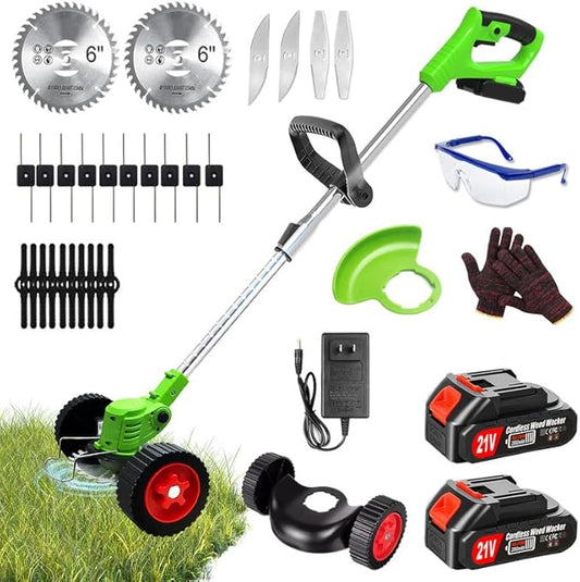Weed Wacker Eater Battery Powered, 21V Electric Weed Trimmer Battery Operated, Cordless Grass Trimmer/Lawn Edger/Mower/Brush Cutter with 2 Li-Ion Battery
