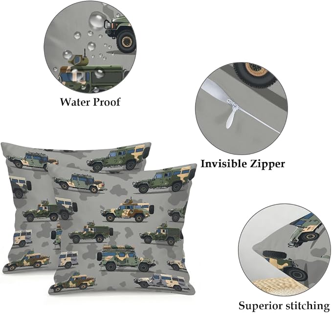 16x16 Inch Outdoor Pillow Covers Set of 2 Waterproof Throw Pillow Covers Decorative Couch Cushion Covers Army Vehicles Theme Square Pillowcases Protectors for Patio Garden Sofa