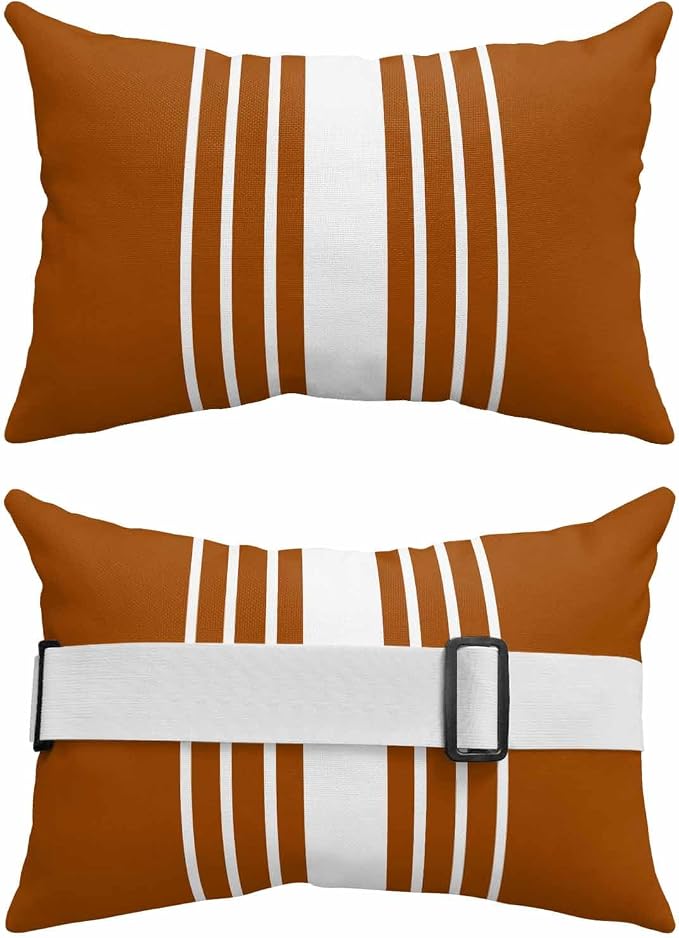 Pack of 2 Outdoor Lumbar Pillow Covers 12x20 Inch, Burnt Orange White Stripe Waterproof Throw Pillow Covers Set, Modern Rustic Vertical Striped Indoor&Outdoor Cushion Cases for Patio Porch Beach