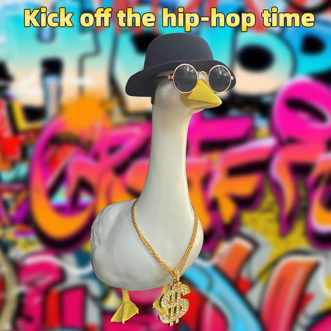 9pcs Goose Outfit,Porch Goose Outfits,Lawn Goose Statue Costume,for 17"/23" Statue Patio Lawn Garden Decoration,with Gold Chain Collar and Sunglasses(Hiphop-A)