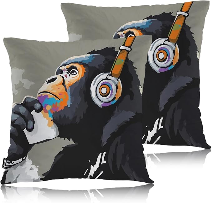 Swono Monkey Throw Pillow Case, Funny Chimpanzee Monkey Headphone Music Square Home Decorative Cushion Cover for 18 X 18 Inches Pillow Covers, 2 Pack Pillowcases for Bedroom Office Dorm Couch
