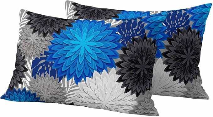 Blue Black Grey Flowers Outdoor Pillow Covers Waterproof, All Weather Cushion Case Set of 2, Boho Colorful Floral Plant Lumbar Pillowcase for Sofa Couch Bed Decor Patio Furniture 20"x12"
