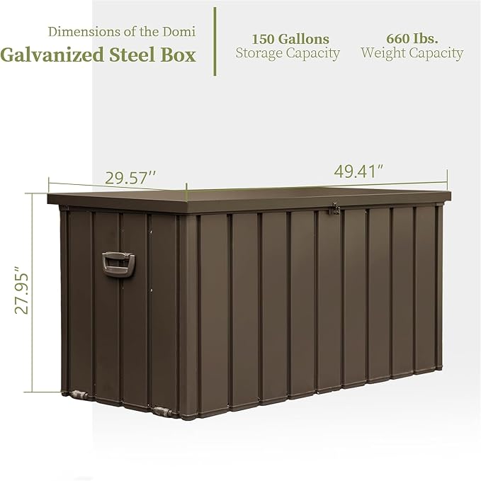 150 Gallon Outdoor Deck Box, Metal Lockable Storage Cabinet with Mobility Rollers & Side Handles, Waterproof Steel Bench for Patio Outside Furniture Cushions,Pillows,Garden Tools (Brown)