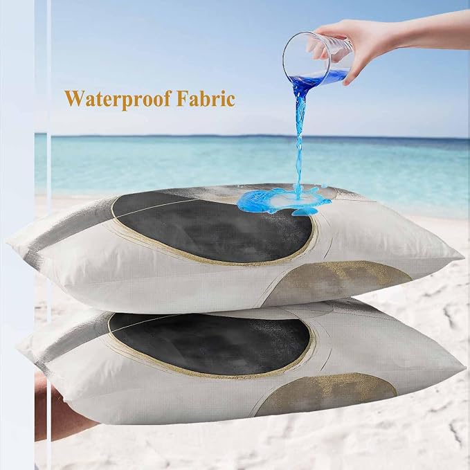 Abstract Art Outdoor Waterproof Throw Pillow Covers Set of 2, 20"x12", Mottled Geometric Moon Black Gold Circle Striped Decorative Pillow Covers Outside Cushion Case for Patio Porch Garden