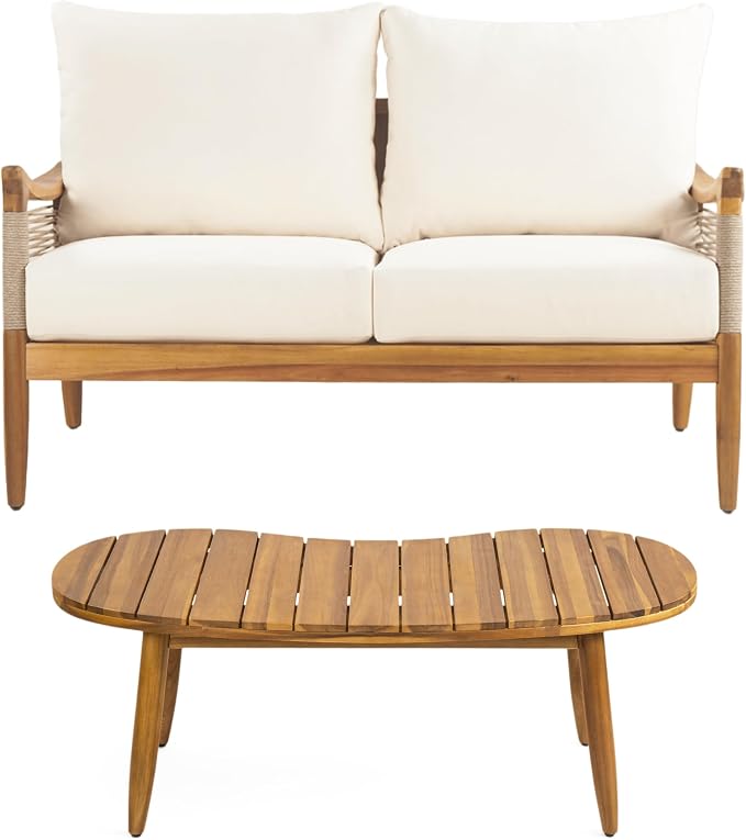 Christopher Knight Home Heidi Acacia Wood 5 Piece Patio Furniture Set 7-Seater Outdoor Loveseat, 3-Seater Sofa, Club Chairs and Coffee Table, Patio Conversation Set With Woven Rope Accents, Teak+Beige