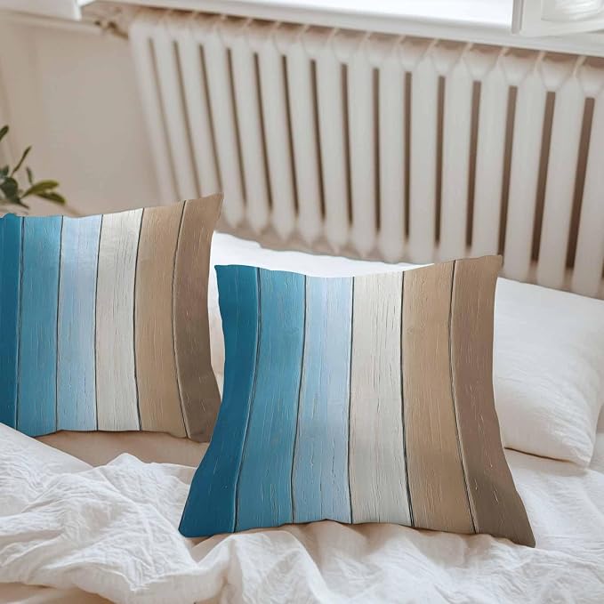 Throw Pillow Covers 16x16 Inch Set of 2, Blue Brown Ombre Waterproof Outdoor Cushion Covers, Vintage Country Wooden Decorative Pillowcases for Couch, Sofa, Bed, Garden, Patio