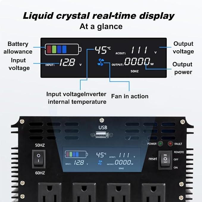 3000 Watt Pure Sine Wave Power Inverter, 12V DC to 110V/120V AC Converter 6000W Peak, with Remote Control LCD, 4 AC Outlets & USB Port & Hardwire Terminal, for Car Truck RV Camping Solar System EPS