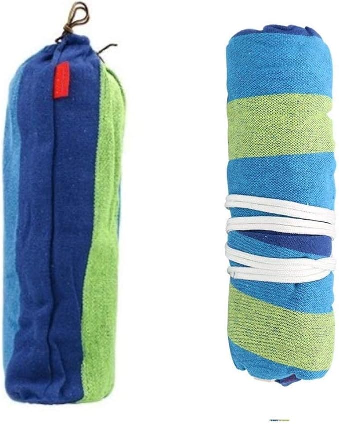 Outdoor Camping Canvas Fabric Portable Garden Ultralight Striped Hammocks with Strong Rope (100 cm, Wooden Curved Strip, Blue)