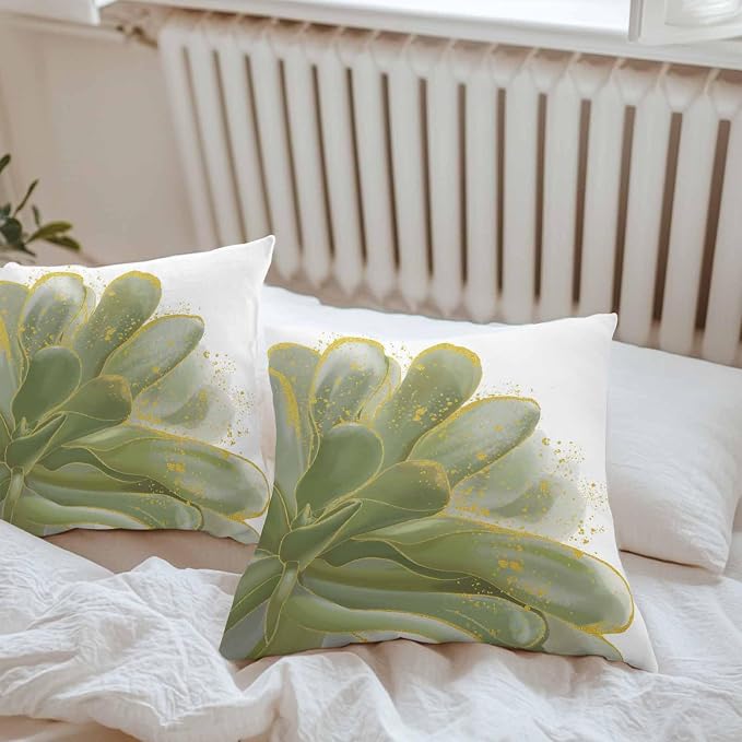 Vandarllin Outdoor Throw Pillows Covers 20x20 inch Set of 2 Waterproof Sage Green Watercolor Floral Decorative Zippered Cushion Covers for Patio Furniture, Golden Lines Lumbar Pillowcases