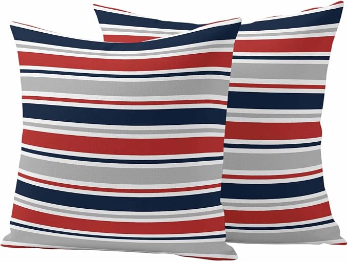 Outdoor Pillow Covers 18 x 18 Inches, Red Navy Blue Striped Waterproof Throw Pillow Cover Set of 2, Farmhouse Stripes Modern Abstract Art Decorative Square Cushion Covers for Patio/Couch/Garden