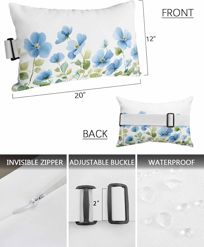 Pack of 2 Outdoor Lumbar Cushions with Inserts, Blue Flowers Watercolor Green Leaves Waterproof Fluffy Fade Body Pillows, Patio Furniture Pillow for Home Balcony Garden Decor 12x20IN