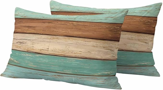 Farmhouse Teal Blue Brown Outdoor Waterproof Pillow Covers, Vintage Wooden Striped Decorative Rectangle Throw Pillowcase Sofa Cushion Sham for Patio/Couch/Chair, 20"x12" 2 Pack