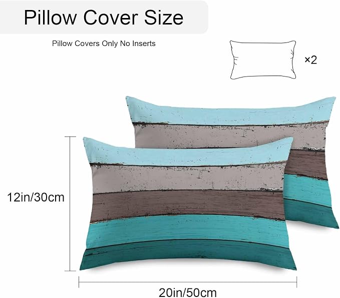 Outdoor Throw Pillow Covers 12X20 Set of 2 Waterproof Ombre Peacock Blue Gray Decorative Zippered Cushion Covers for Patio Furniture, Farmhouse Retro Rustic Barn Wood Texture Lumbar Pillowcases