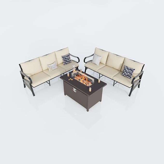 Outdoor Furniture Set, Patio Conversation Set Include 2 x 3-Seater and Fire Pit Table for Deck, Porch, Garden, Backyard, Poolside (Beige, 3-Piece)