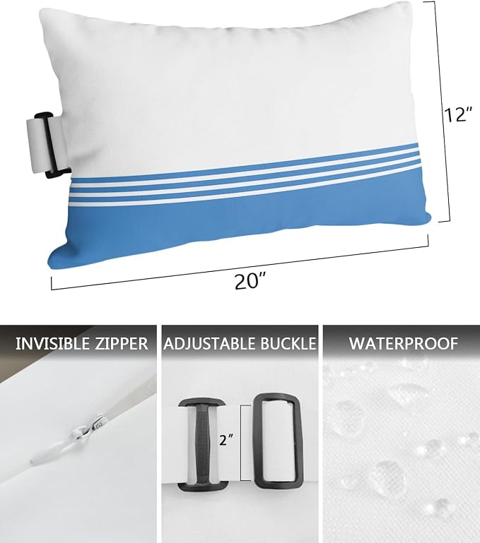Outdoor Pillows Covers with Inserts Modern Art Blue Stripes White Farmhouse Waterproof Recliner Pillow with Adjustable Strap Throw Pillows for Patio Furniture Pool Lounge Chair, 12x20 inch, 1PCS