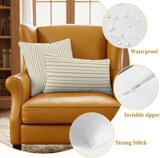 Yellow Vertical Stripes Waterproof Outdoor Pillow Covers Set of 2 Home Decor, Boho Pinstripes Apricot Lines Pillowcase Patio Pillow Covers for Couch Bench Patio Furniture Garden 16x16in