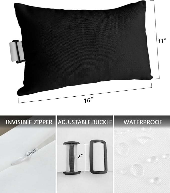 T&H XHome Outdoor Pillow for Chaise Lounge Chair, Pure Black Solid Color Waterproof Recliner Headrest Pillow Lumbar Pillows with Adjustable Elastic Strap for Beach, Poolside, Patio, Office (2 Pack)