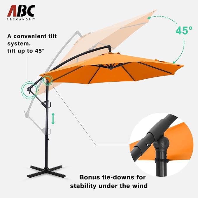 ABCCANOPY 10FT Cantilever Patio Umbrella with base included, 360° Rotation Outdoor Offset Umbrella for Backyard, Deck, Poolside (Orange)