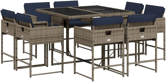 9 Piece Garden Dining Set with Cushions Grey Poly Rattan Outdoor Patio Table and 8 Foldable Chairs Tempered Glass Top Weather Resistant
