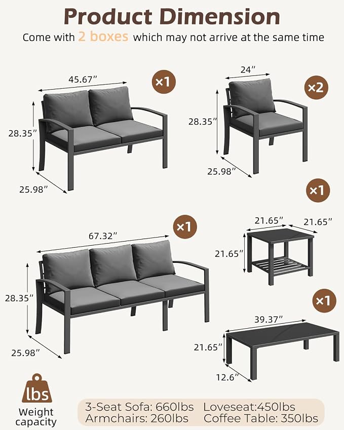 U-MAX Aluminum Patio Furniture Set 7 Seats, Modern Furniture Clearance with Coffee Table & Side Table, Patio Conversation Sets with Deep Cushions for Lawn, Garden, Porch, Balcony, Dark Grey