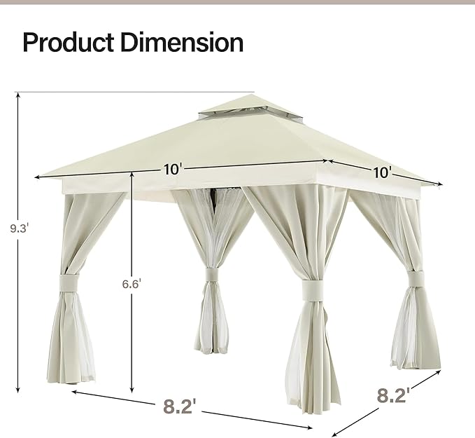 LAUSAINT HOME Patio Gazebo 10'x10', Outdoor Heavy Duty Party Tent Shelter with Double Roofs, Mosquito Nettings and Privacy Screens for Backyard, Garden, Lawn, Cream White