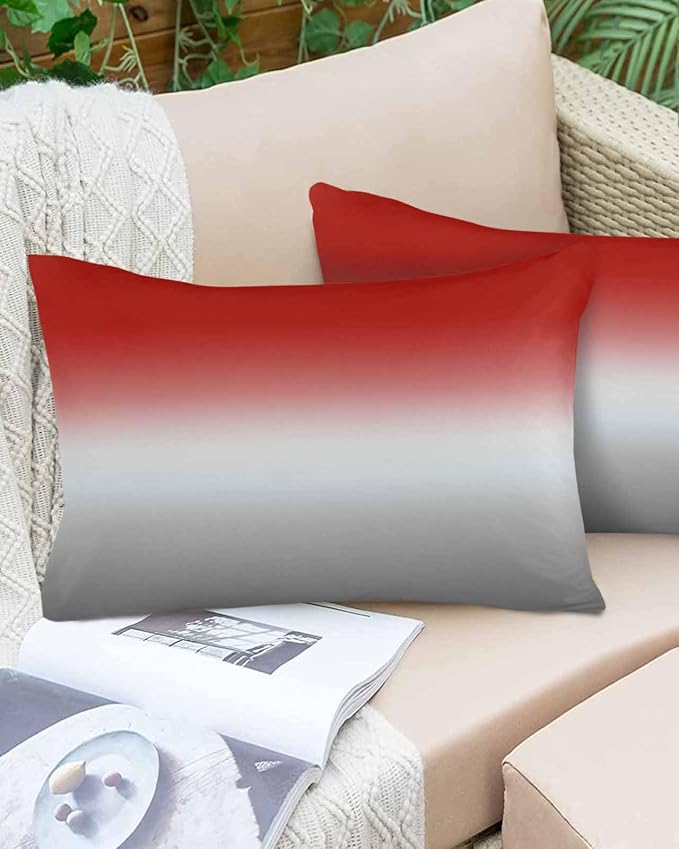 Outdoor Waterproof Throw Pillow Covers Set of 2 Red Grey Ombre Lumbar Pillowcases 20x12 Inches Gradient Gradual Color Patio Decorative Pillows Cushion Case Patio Pillows for Couch Bed Chair Garden