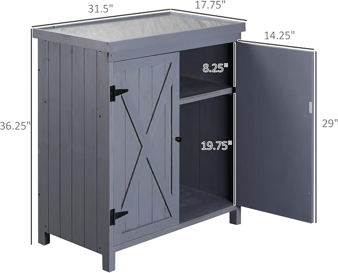 Wood Outdoor Storage Box and Deck Box with Galvanized Metal Top, Farmhouse Style Patio Cabinet with Shelves for Yard Tools & Cushions, Weather-Resistant Finish, 31.5 x 17.8 x 36.3 Inches, Grey