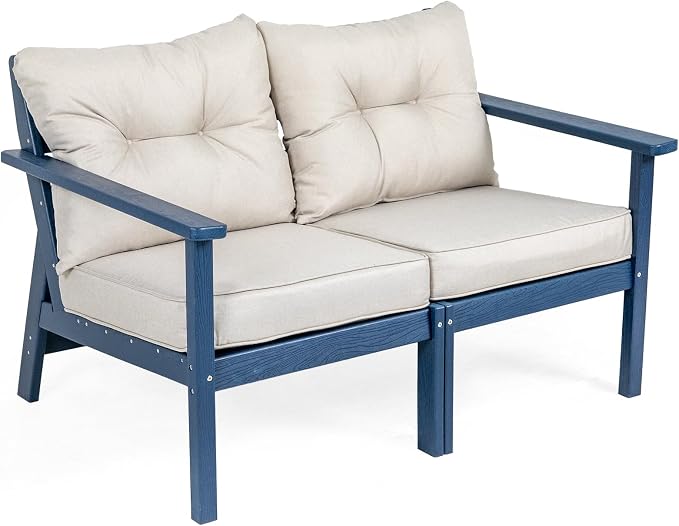 2 Seat HDPE Patio Loveseat, Outdoor Conversation Bench, Patio Furniture | Water-Resistant Thick Cushion, HDPE All Weather, Wood-Grain, No Rot or Rust or Crack, UV Fade Shield, Easy-Clean for Outside