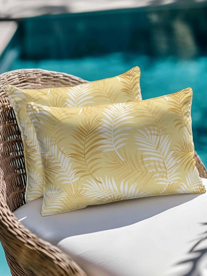 Waterproof Outdoor Pillow 1 Pack Yellow Tropical Palm Leaves Decorative Throw Pillows Cover & Insert 20x12 Inch Lumbar Pillowcase Summer Jungle Foliage Pillows for Couch Sofa Bed Patio Furniture
